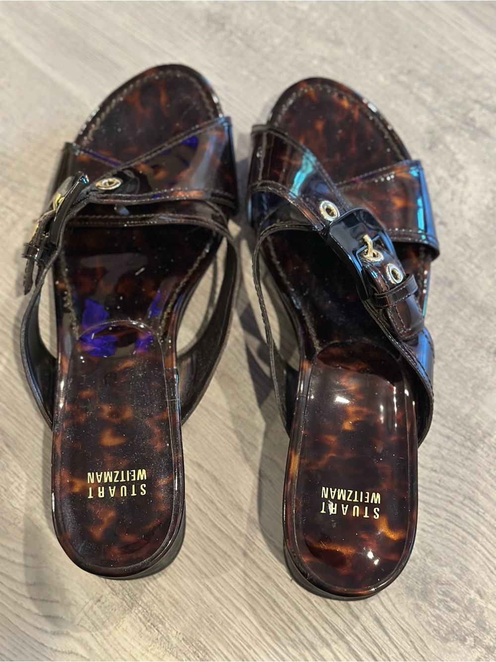 Stuart Weitzman Women’s Tortoiseshell Patent Slide Sandals - Brown Black 8.5